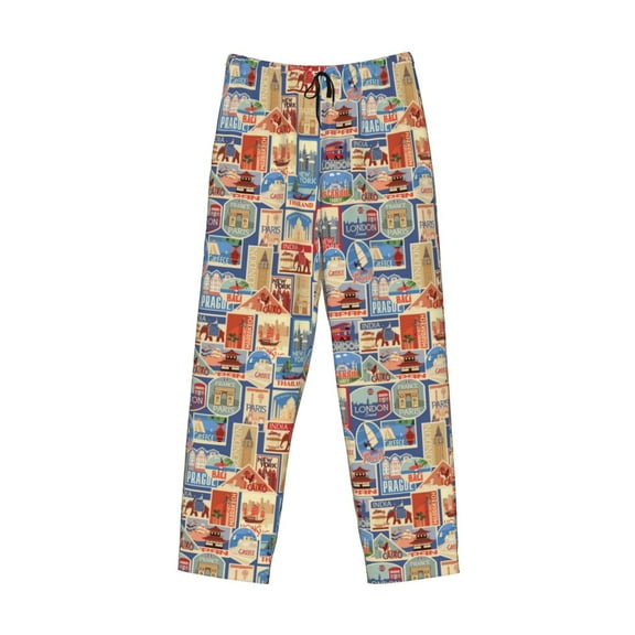 Lsque Set Of Travel Vintage Print Men's Pajama Pants, Lounge Pant - Comfortable Home Wear,Elastic Waistband, Stylish Design-Medium