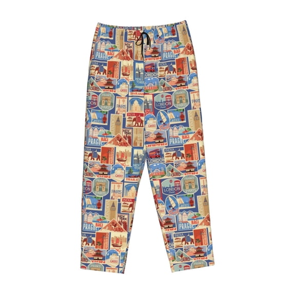 Lsque Set Of Travel Vintage Print Women's Pajama Pants, Lounge Pant - Comfortable Home Wear,Elastic Waistband, Stylish Design-XX-Large