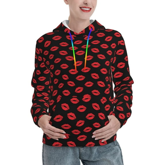 Lsque Sexy Red Lips Kiss Pattern Casual Women's Hoodie,Hooded Sweatshirt with Kangaroo Pocket,Pullover Hoodie with Eye-catching Drawstrings-Medium