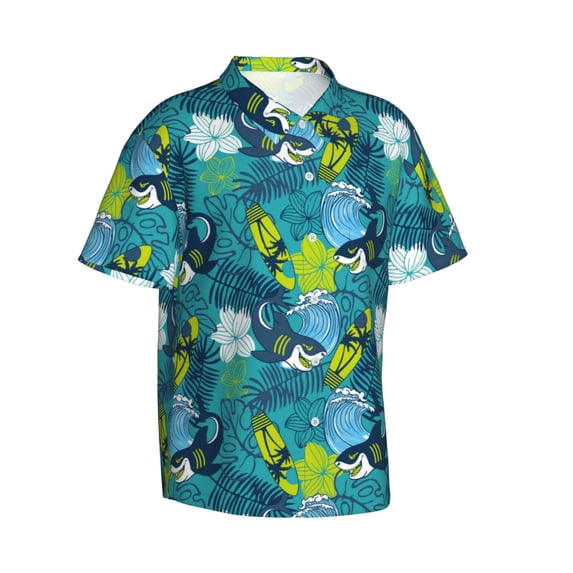 Lsque Shark And Leaves pattern Hawaiian Shirt for Men, Unisex Summer Beach Casual Short Sleeve Button Down Shirts-Large