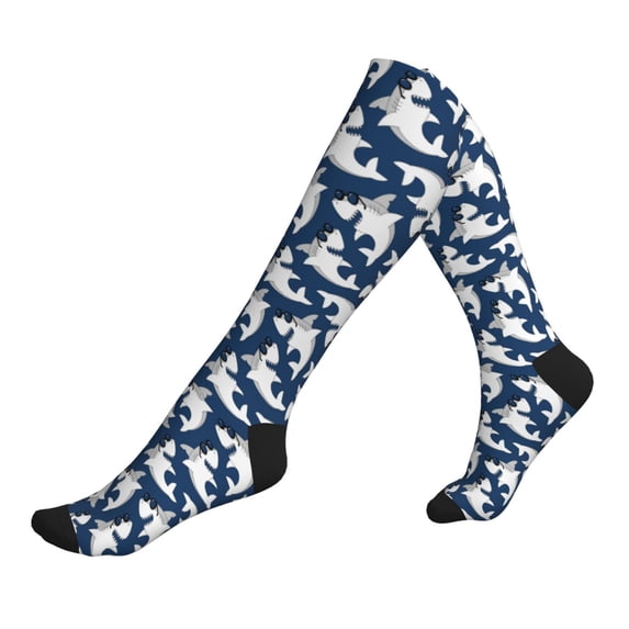 Lsque Shark Pattern Sport Compression Socks for Men & Women 15-20 mmHg Knee High Nurse Pregnant Running Medical and Travel Athletic