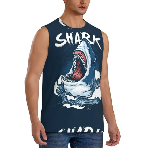 Lsque Shark Print Men's Cotton Blend Sleeveless Muscle Shirts (S-3XL)- Moisture Wicking, Odor Protection, UPF 30+,XX-Large