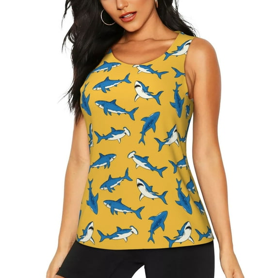 Lsque Shark Print Printed Workout Tank Tops for Women, Athletic Sports Tank Tops, Compression Sleeveless Dry Fit Shirts,Sleeveless Yoga Shirt-X-Large