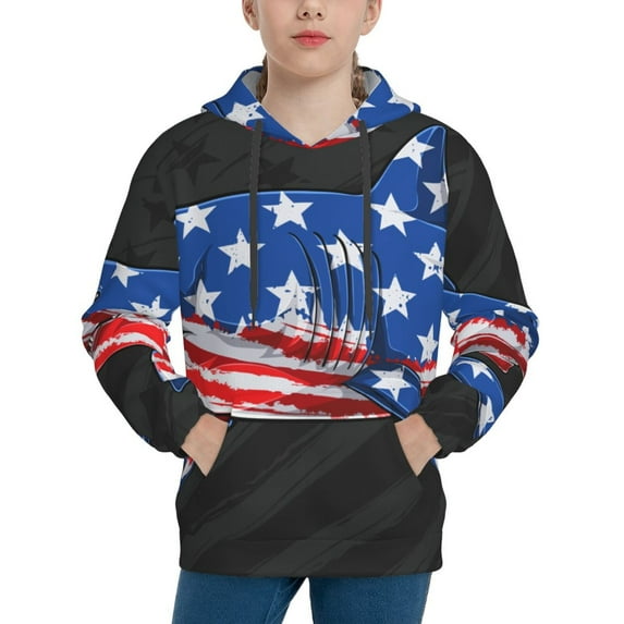 Lsque Shark With USA Flag Patten Youth Hoodie Sweatshirt Pullover with Kangaroo Pocket Boys and Girls Hoodie Warm Hoodie for Kids-Large