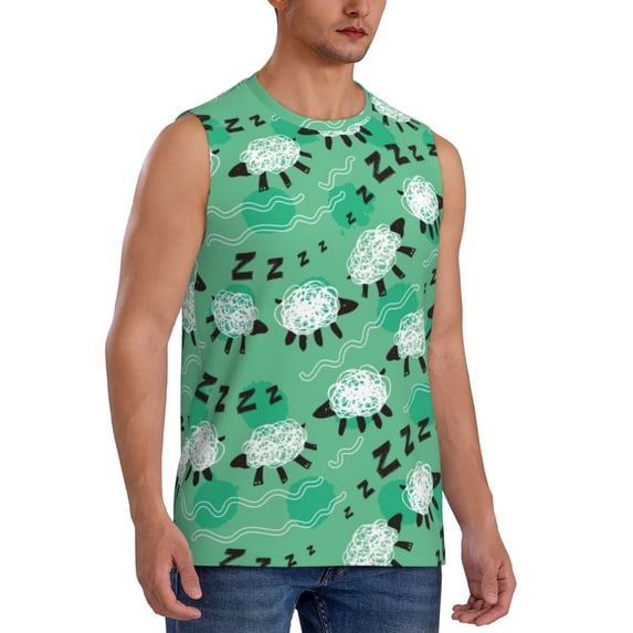 Lsque Sheep Zzz Print Men's Cotton Blend Sleeveless Muscle Shirts (S-3XL)- Moisture Wicking, Odor Protection, UPF 30+,Medium