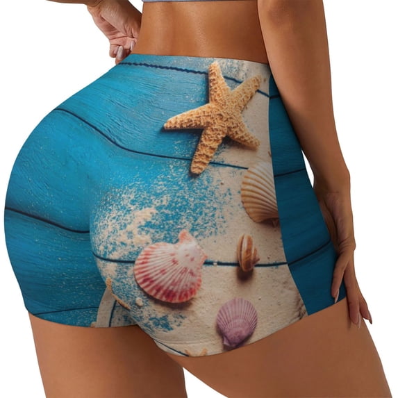 Lsque Shells and Starfish Pattern High Waisted Biker Shorts for Women-Tummy Control Fitness Athletic Workout Running Yoga Gym Shorts,Moisture-Wicking-X-Large