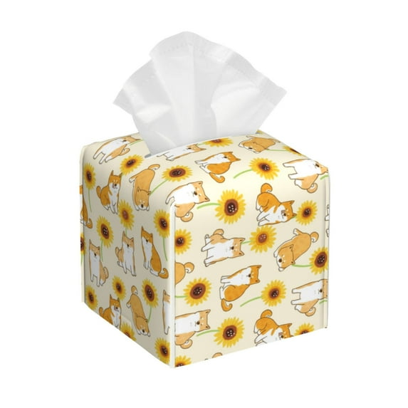 Lsque Shiba Inu Dog Printed Tissue Box Cover Holder, Facial Paper Organizer Dispenser,Square with Bottom Belt, PVC Leather Decorative Organizer