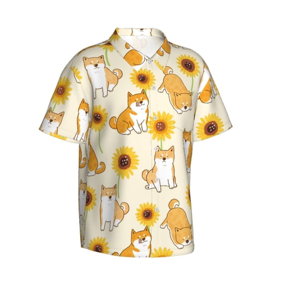 Lsque Shiba Inu Dog and Sunflower pattern Hawaiian Shirt for Men, Unisex Summer Beach Casual Short Sleeve Button Down Shirts-Small