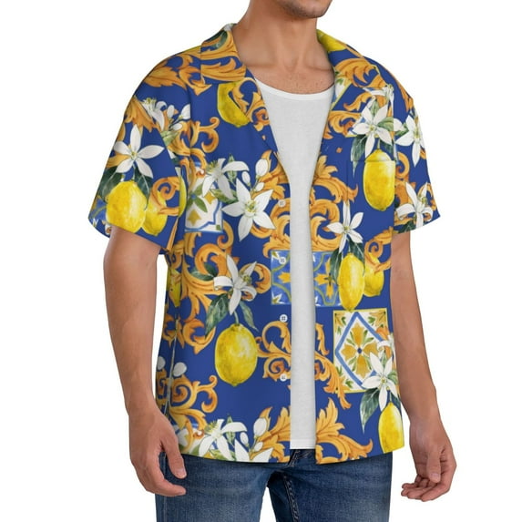 Lsque Sicilian Style print Men's Cuban Collar Short Sleeve Shirt Summer Beachwear Casual Button Down Fashionable Vacation Leisure Shirt-X-Large