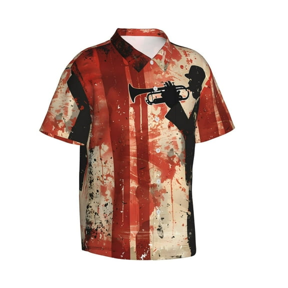 Lsque Silhouette Trumpet Red Art pattern Hawaiian Shirt for Men, Unisex Summer Beach Casual Short Sleeve Button Down Shirts-XX-Large