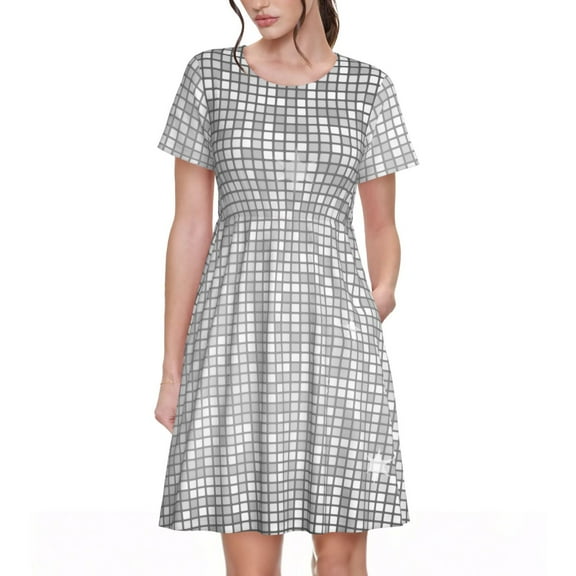 Lsque Silver Mosaic Print Women's Casual Dress T-Shirt Summer Short Sleeve Scoop Neck Swing Dresses