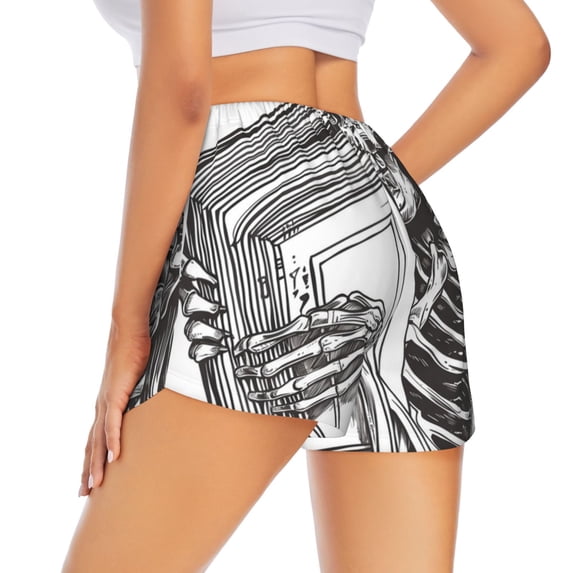 Lsque Skeleton Book Lover Printed Women's Running Shorts with Liner Pockets,Elastic Quick Dry Workout Athletic Gym Yoga Shorts,Womens High Waist Shorts-X-Large