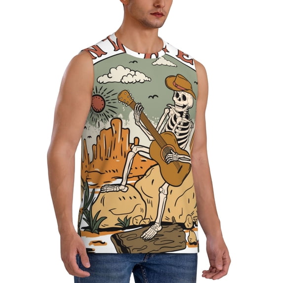 Lsque Skeleton Cowboy And Guitar Print Men's Cotton Blend Sleeveless Muscle Shirts (S-3XL)- Moisture Wicking, Odor Protection, UPF 30+,Small