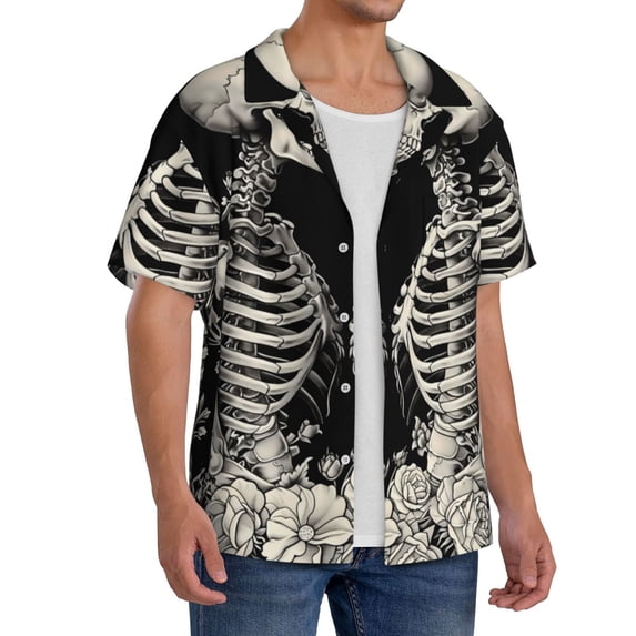 Lsque Skeletons Love Flowers print Men's Cuban Collar Short Sleeve Shirt Summer Beachwear Casual Button Down Fashionable Vacation Leisure Shirt-X-Large