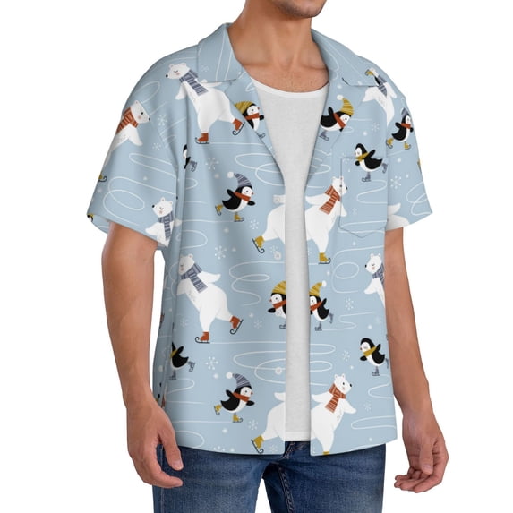Lsque Skiing penguin Bear print Men's Cuban Collar Short Sleeve Shirt Summer Beachwear Casual Button Down Fashionable Vacation Leisure Shirt-XX-Large