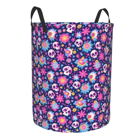 Lsque Skull Blue Flower pattern Laundry Hamper Basket, Tall Woven Rope Hamper Basket for Clothes, Lightweight Storage Basket, Collapsible Waterproof-Medium
