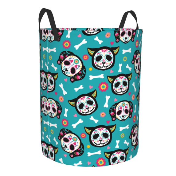 Lsque Skull Cat pattern Laundry Hamper Basket, Tall Woven Rope Hamper Basket for Clothes, Lightweight Storage Basket, Collapsible Waterproof-Small