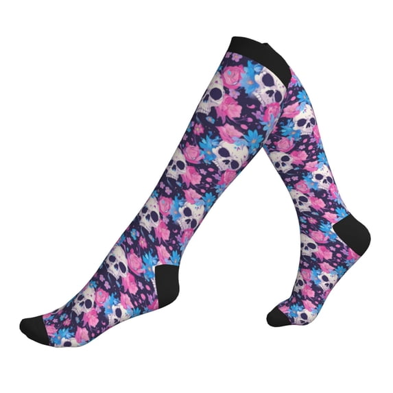 Lsque Skull Flower Blue Pattern Sport Compression Socks for Men & Women 15-20 mmHg Knee High Nurse Pregnant Running Medical and Travel Athletic