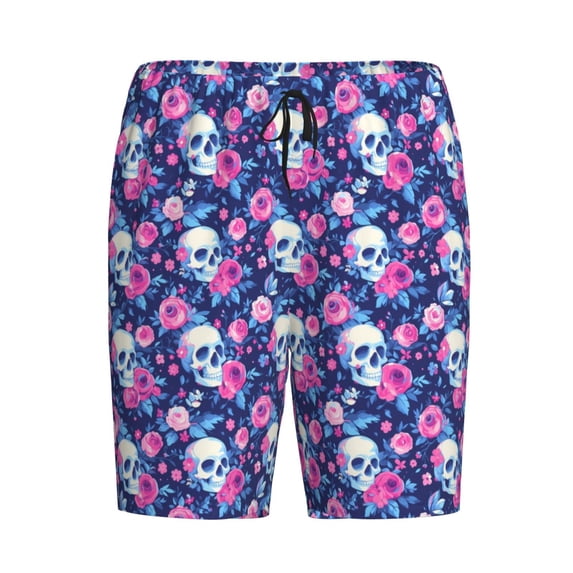 Lsque Skull Flower Mens Sleep Pajama Shorts,Short Pajama Pants, Cotton Ultra-Soft Knit-X-Large