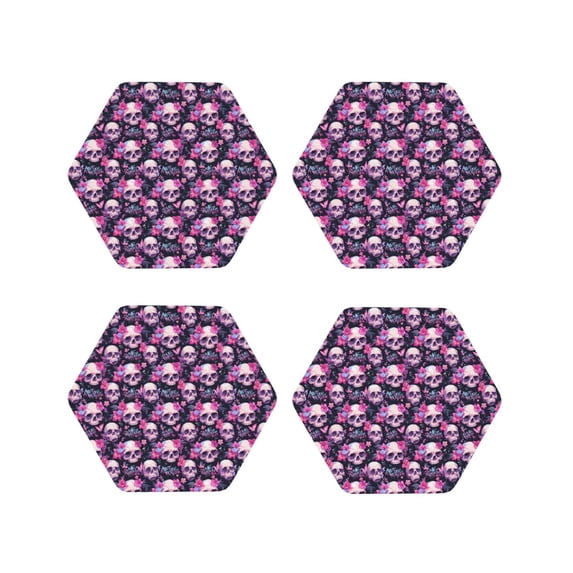 Lsque Skull Flower Pattern 4" Drink Coasters Set of 4, PVC Leather Absorbent Coasters, Table Coaster Set Decorative Coffee Cup Coasters Housewarming Gift -Hexagon