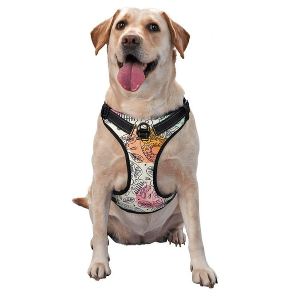 Lsque Skull and Flowers Dog Harness, No-Pull Pet Harness with 2 Leash Clips, Adjustable Soft Padded Dog Vest with Easy Control Handle for Large Dogs-Medium