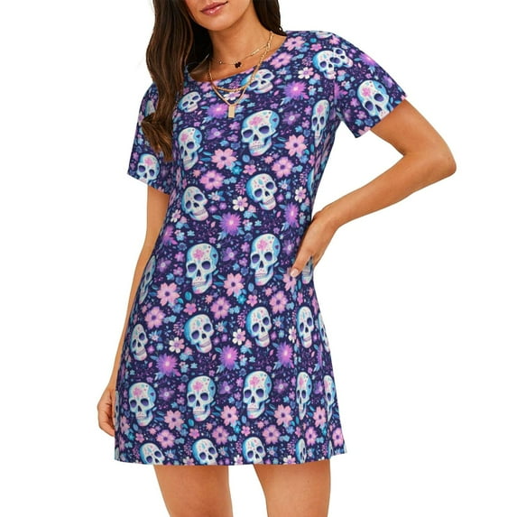 Lsque Skull Purple Flower Pattern Nightgowns for Women Sleep Shirts Short Sleeve Nightshirt Pullover Nightdress Soft Sleepwear Relaxed Fit Nightdress