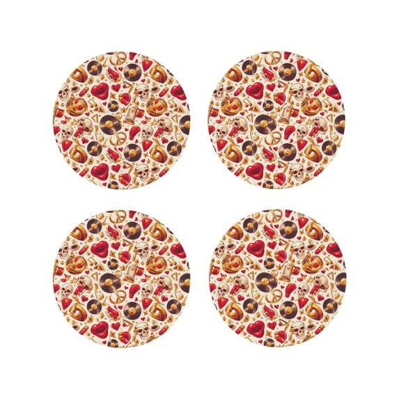 Lsque Skull Retro record lips Pattern 4" Drink Coasters Set of 4, PVC Leather Absorbent Coasters, Table Coaster Set Decorative Coffee Cup Coasters Housewarming Gift -Round Shape