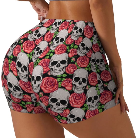 Lsque Skull and Roses Pattern High Waisted Biker Shorts for Women-Tummy Control Fitness Athletic Workout Running Yoga Gym Shorts,Moisture-Wicking-X-Large
