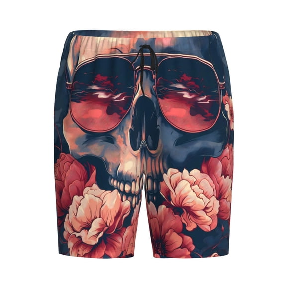 Lsque Skull With Roses And Sunglasses Mens Sleep Pajama Shorts,Short Pajama Pants, Cotton Ultra-Soft Knit-X-Large