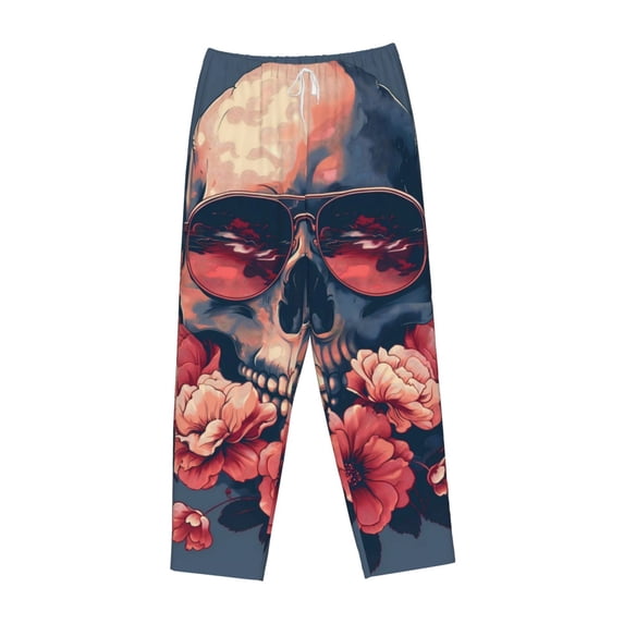 Lsque Skull With Roses And Sunglasses Print Women's Pajama Pants, Lounge Pant - Comfortable Home Wear,Elastic Waistband, Stylish Design-Large