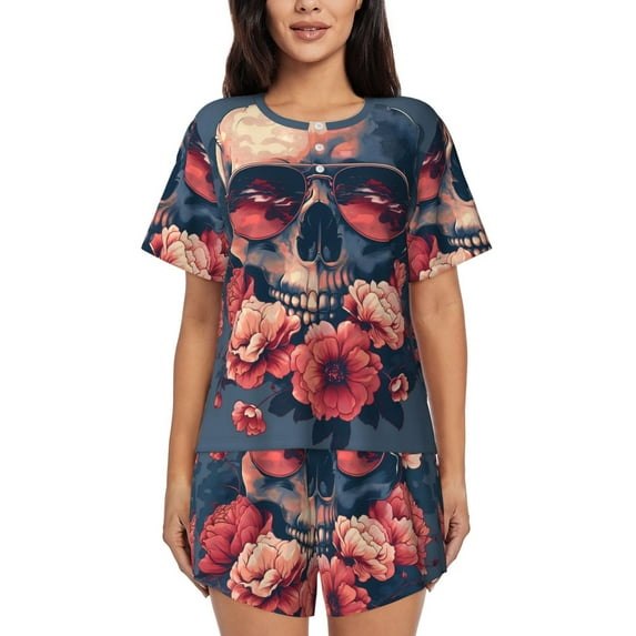 Lsque Skull With Roses And Sunglasses Women's Short-Sleeved Pajama Set - 2 Piece Soft and Lightweight Sleepwear Set-X-Large