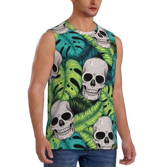 Lsque Skull and Palm Leaves Print Men's Cotton Blend Sleeveless Muscle Shirts (S-3XL)- Moisture Wicking, Odor Protection, UPF 30+,3X-Large
