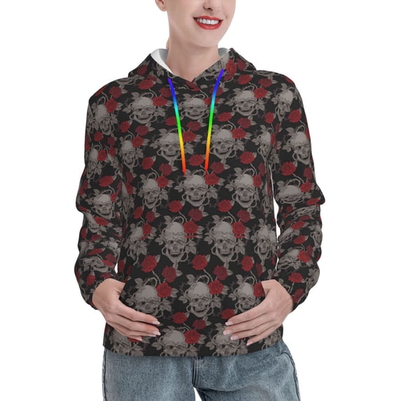 Lsque Skull and Red Roses Pattern Casual Women's Hoodie,Hooded Sweatshirt with Kangaroo Pocket,Pullover Hoodie with Eye-catching Drawstrings-Medium