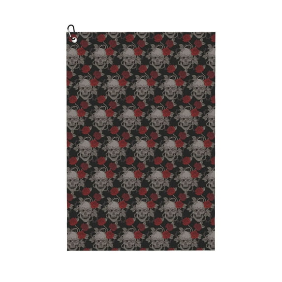 Lsque Skull and Red Roses Premium Golf Towel - Ultra Absorbent and Quick Drying Microfiber Towel with Carabiner - Gift for Men -24" X 16"