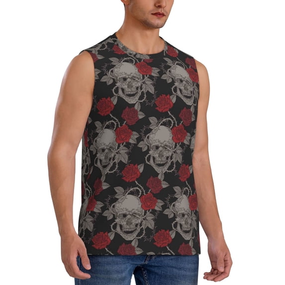 Lsque Skull and Red Roses Print Men's Cotton Blend Sleeveless Muscle Shirts (S-3XL)- Moisture Wicking, Odor Protection, UPF 30+,Medium