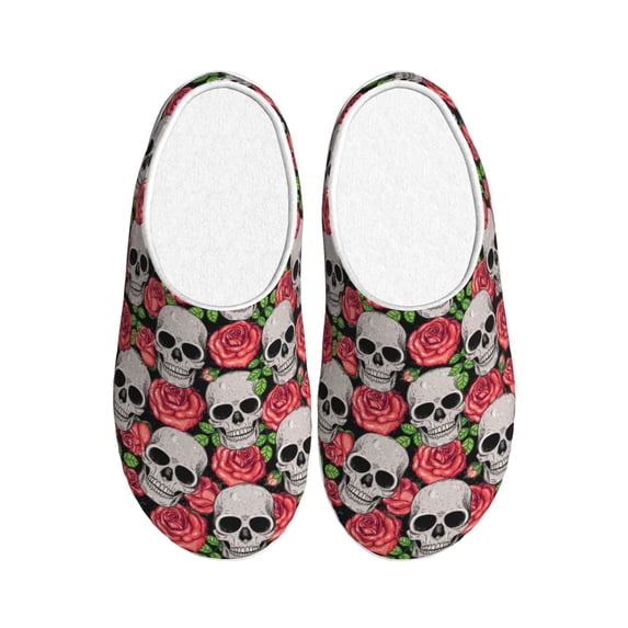 Lsque Skull and Roses Pattern Womens Comfort Cotton on Scuff With Memory Foam and Anti-skid Sole Slipper-44/45