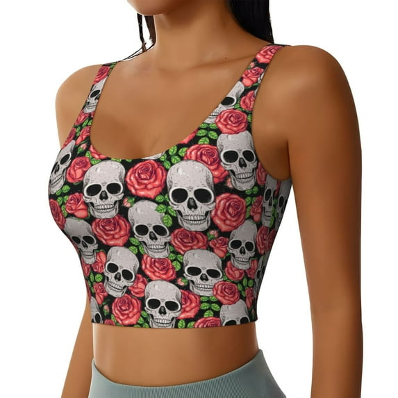 Lsque Skull and Roses Printed Women'S Sports Bra, Compression, Moisture Wicking, High-Impact Sports Bra For Women,Supportive sports bra-Large