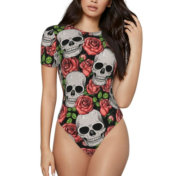 Lsque Skull and Roses Women's Crew Neck Short Sleeve Bodysuit Basic T Shirts Tops Onesie Adult Cute Pajama-Large