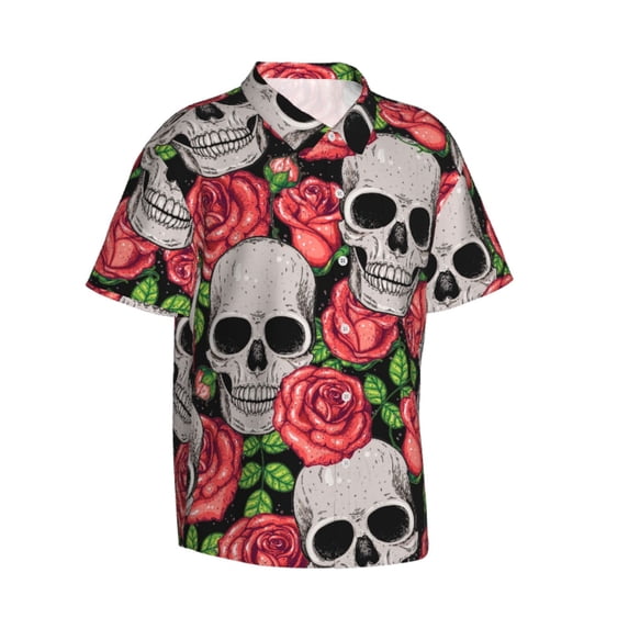 Lsque Skull and Roses pattern Hawaiian Shirt for Men, Unisex Summer Beach Casual Short Sleeve Button Down Shirts-Small
