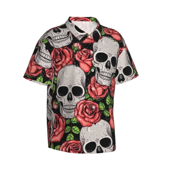 Lsque Skull and Roses pattern Hawaiian Shirt for Men, Unisex Summer Beach Casual Short Sleeve Button Down Shirts-X-Large