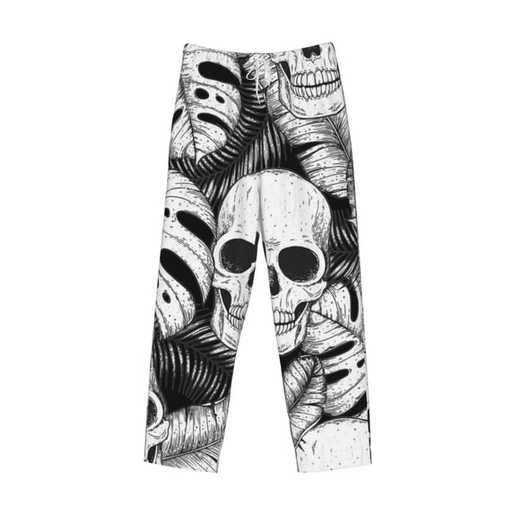 Lsque Skull and palm leaves Print Men's Pajama Pants, Lounge Pant - Comfortable Home Wear,Elastic Waistband, Stylish Design-X-Large