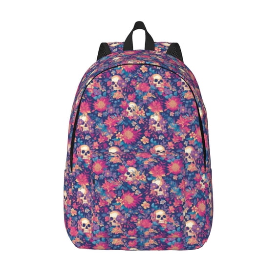 Lsque Skull colorful flower daisy Pattern Canvas Daypack, Durable Backpack, High-quality Versatile Backpack,Vintage Compact Backpack-Small