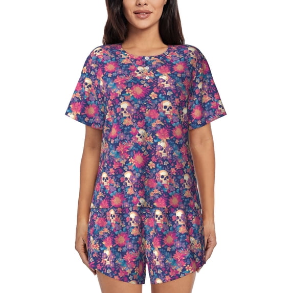 Lsque Skull colorful flower daisy Women's Short-Sleeved Pajama Set - 2 Piece Soft and Lightweight Sleepwear Set-3X-Large