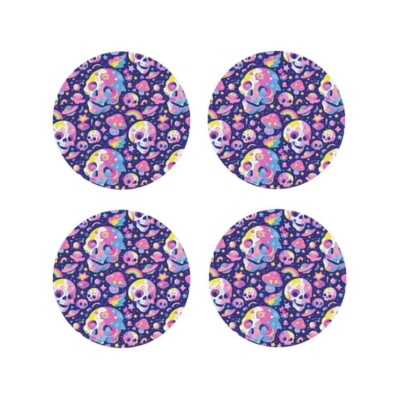 Lsque Skull colorful mushroom Pattern 4" Drink Coasters Set of 4, PVC Leather Absorbent Coasters, Table Coaster Set Decorative Coffee Cup Coasters Housewarming Gift -Round Shape