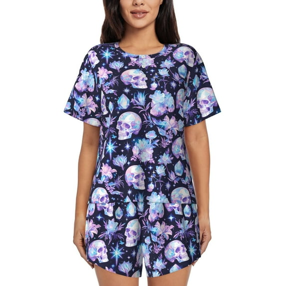 Lsque Skull crystal flower Women's Short-Sleeved Pajama Set - 2 Piece Soft and Lightweight Sleepwear Set-Large