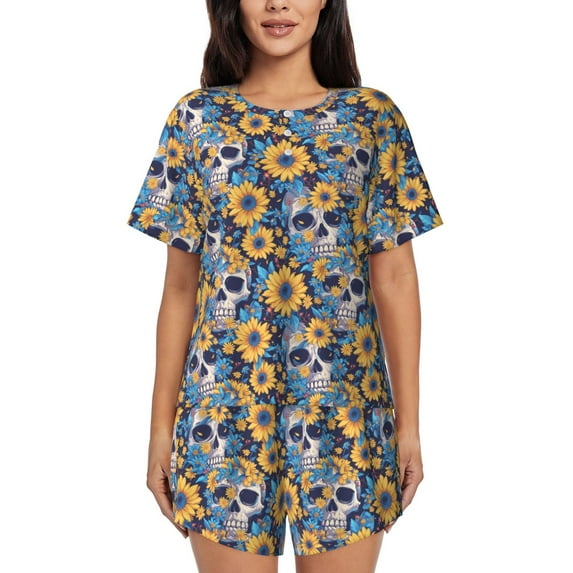 Lsque Skull daisy yellow blue Women's Short-Sleeved Pajama Set - 2 Piece Soft and Lightweight Sleepwear Set-X-Large