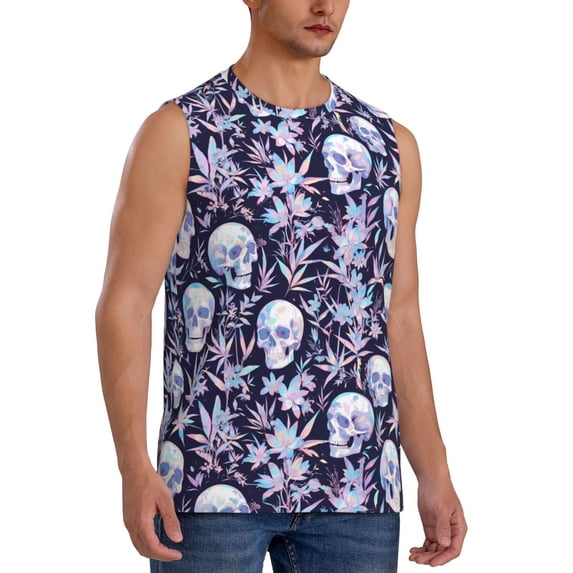 Lsque Skull flower crystal Print Men's Cotton Blend Sleeveless Muscle Shirts (S-3XL)- Moisture Wicking, Odor Protection, UPF 30+,Medium