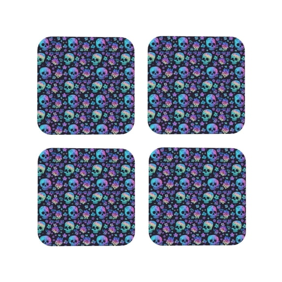 Lsque Skull flower cute Pattern 4" Drink Coasters Set of 4, PVC Leather Absorbent Coasters, Table Coaster Set Decorative Coffee Cup Coasters Housewarming Gift -Square