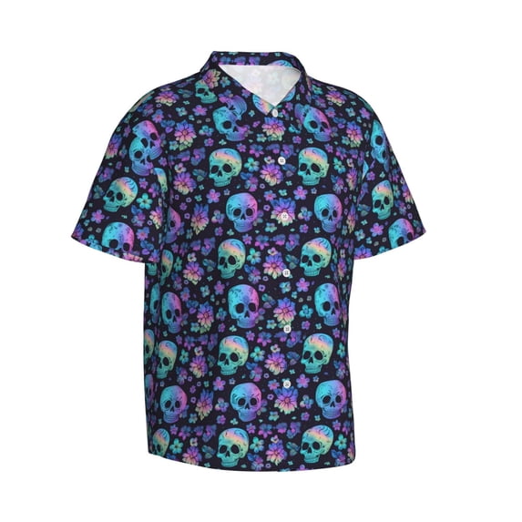Lsque Skull flower cute pattern Hawaiian Shirt for Men, Unisex Summer Beach Casual Short Sleeve Button Down Shirts-X-Large