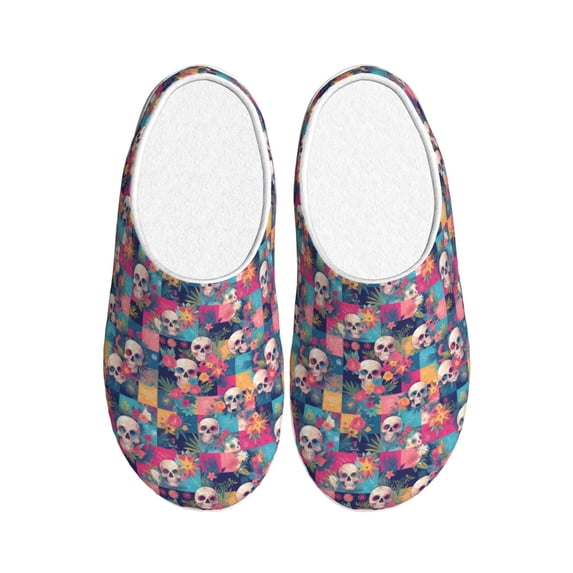 Lsque Skull flower leaf Plaid Pattern Womens Comfort Cotton on Scuff With Memory Foam and Anti-skid Sole Slipper-39/40